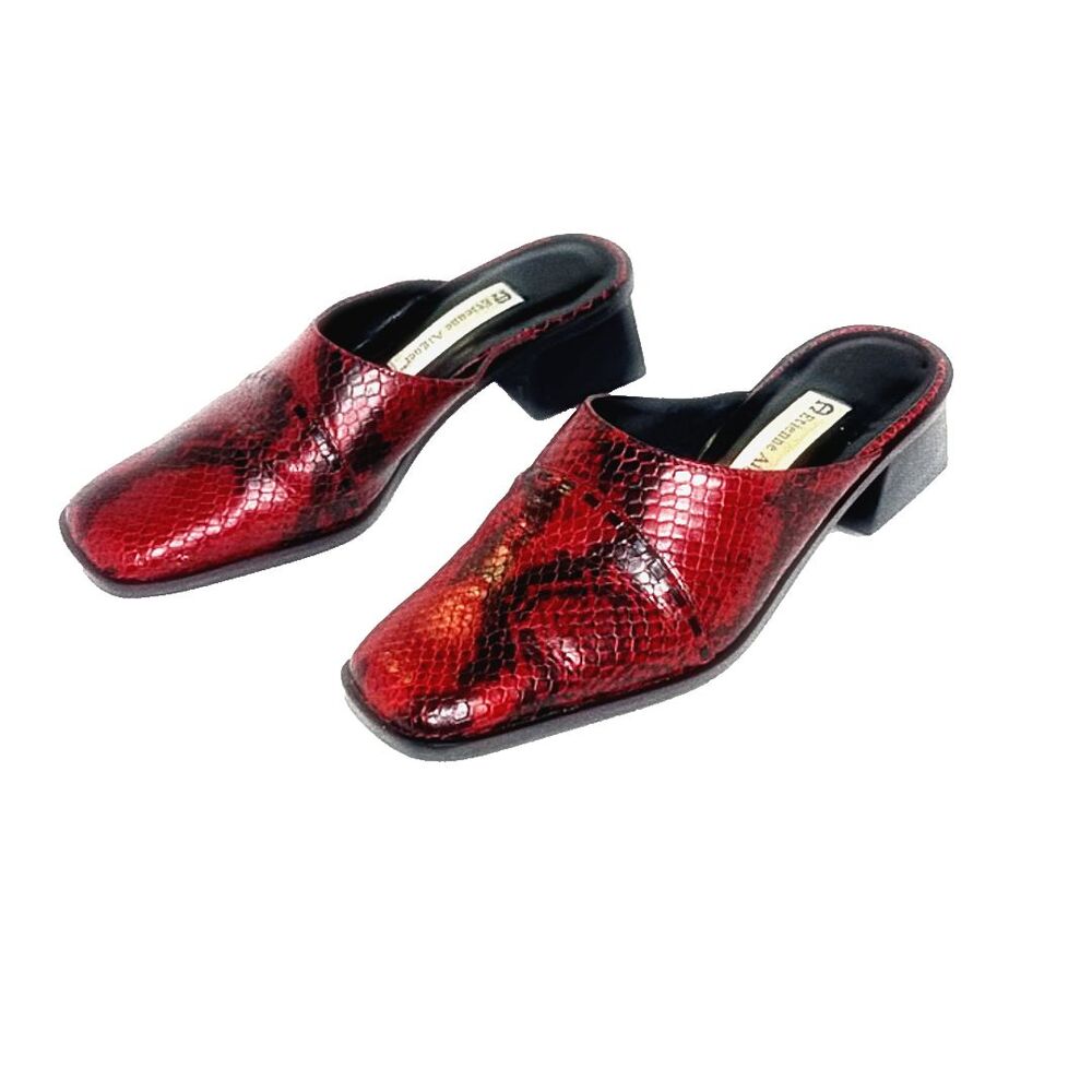 Etienne Aigner Women Posh Cherry Red Snake Printed Leather Square Toe Bit Mule 7